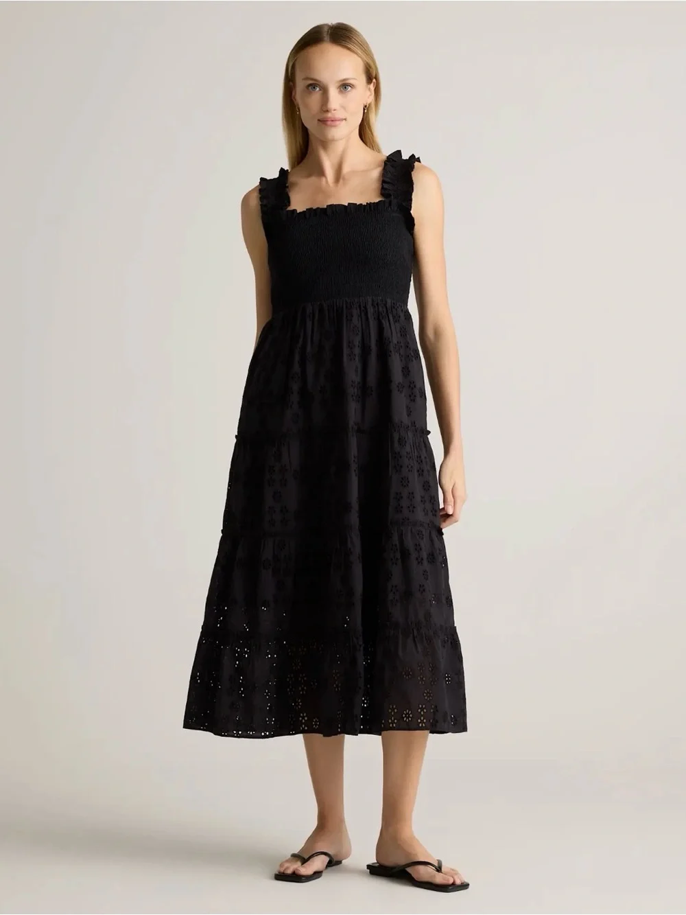 NWT Quince 100% Organic Cotton Eyelet Smocked Midi Dress - Picture 1 of 15
